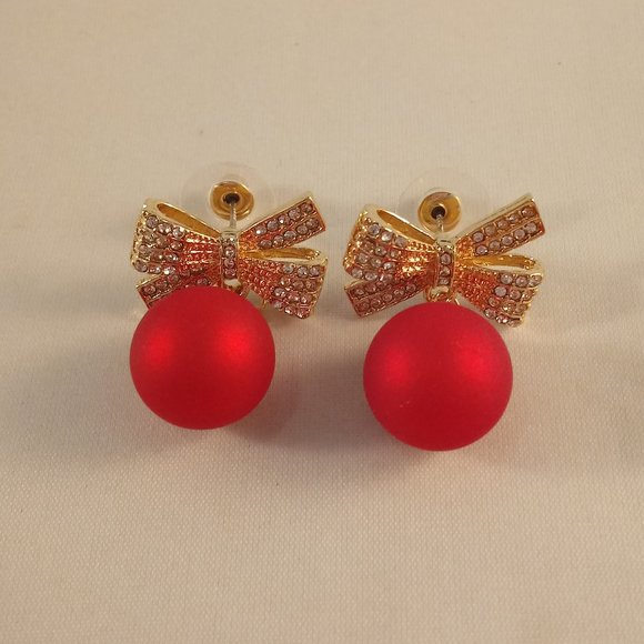 Yellow Gold 925 Silver Red Ball Bow Knot Diamond Zircon Dangle Stud Earrings New - Picture 3 of 3